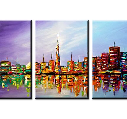 Skyline in Kleurexplosie, handgeschilderd olieverfschilderij met stadsgezicht