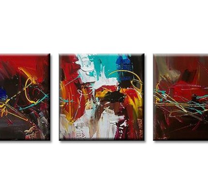 Vurig Drieluik in Rood en Zwart, handgeschilderd olieverfschilderij met abstracte kleurvlakken