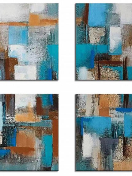 Structuurspel in Turquoise en Oker, handgeschilderd olieverfschilderij met kleurvlakken