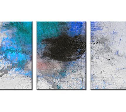 Blauwe Golf Triptiek, handgeschilderd olieverfschilderij met abstracte kleurvlakken