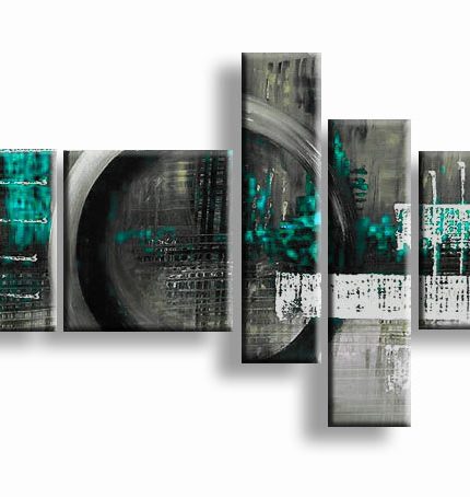 Turquoise Ritme in Grijs, handgeschilderd olieverfschilderij met abstracte structuur
