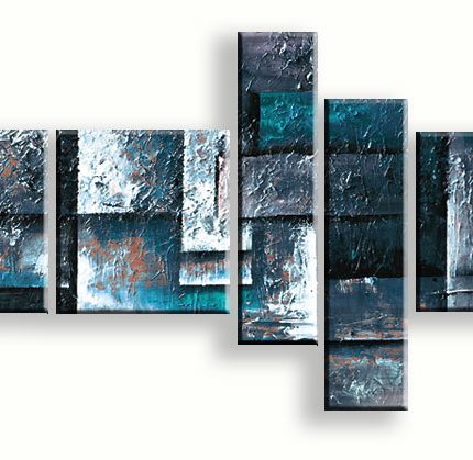 Turquoise Structuren, handgeschilderd olieverfschilderij met geometrische structuur