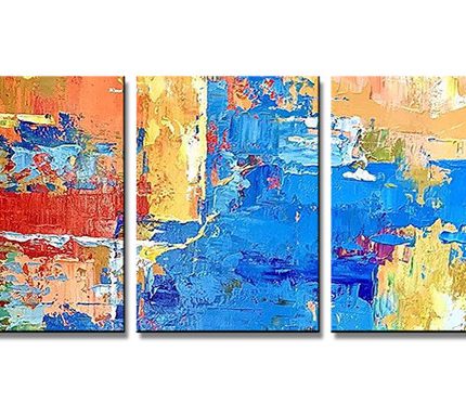Kleurenspel in Drie Delen, handgeschilderd olieverfschilderij met kleurvlakken