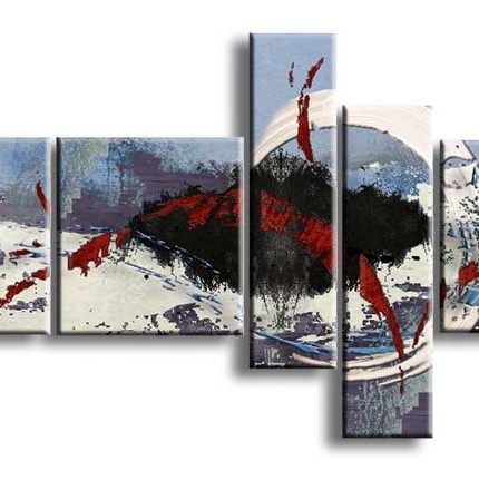 Rode Vlammen in Winters Grijs, handgeschilderd olieverfschilderij met abstracte structuur