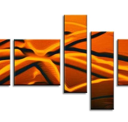 Gloeiende Stromen, handgeschilderd olieverfschilderij met vloeiende oranje en zwarte lijnen