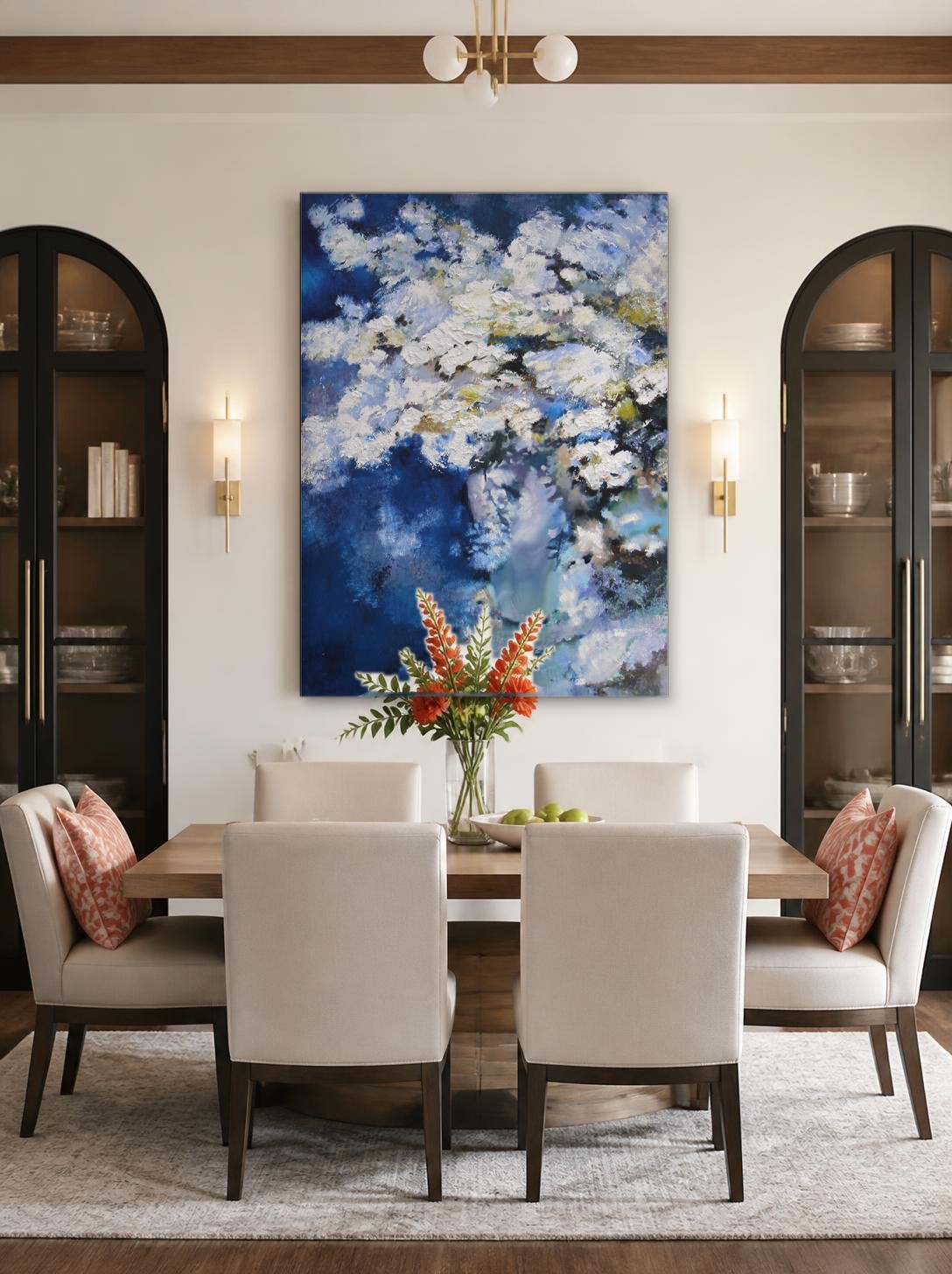 CAS007-1 Wit bloesemboeket in blauwe schemer, Bloemen & Stilleven schilderij aan de muur in interieur