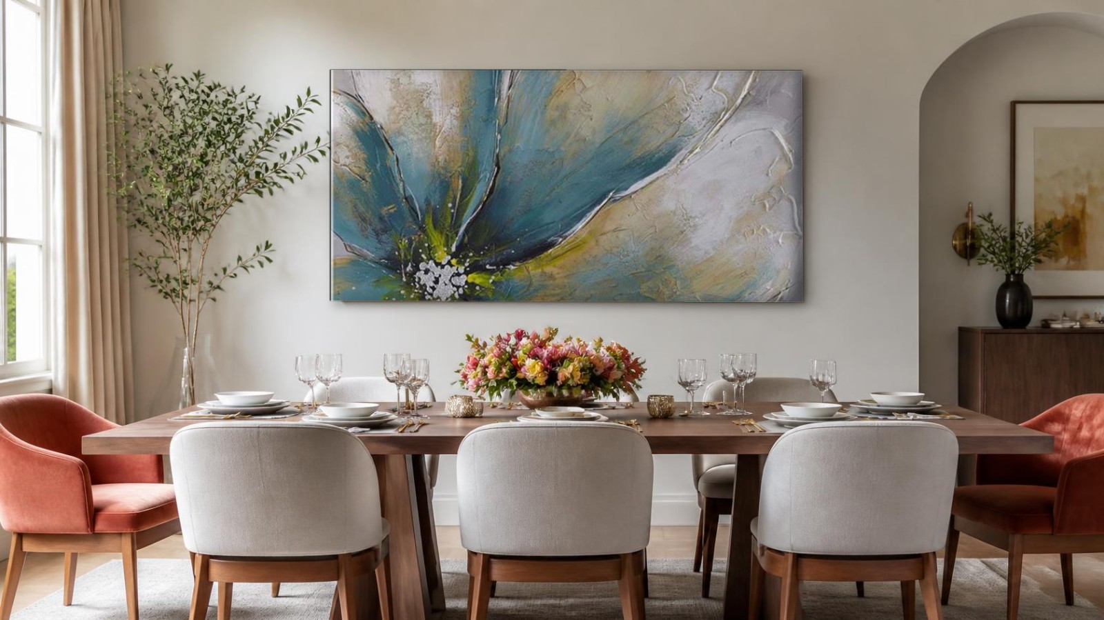 CAS024-1 Turquoise Bloesem met Goudglans, Bloemen & Stilleven schilderij aan de muur in interieur