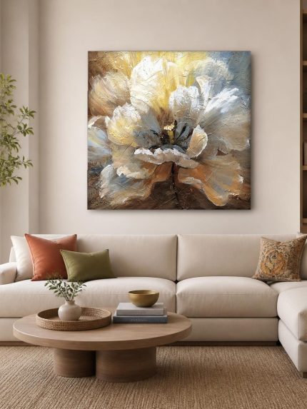 Witte Pioen in Close-up, Bloemen & Stilleven schilderij aan de muur in interieur