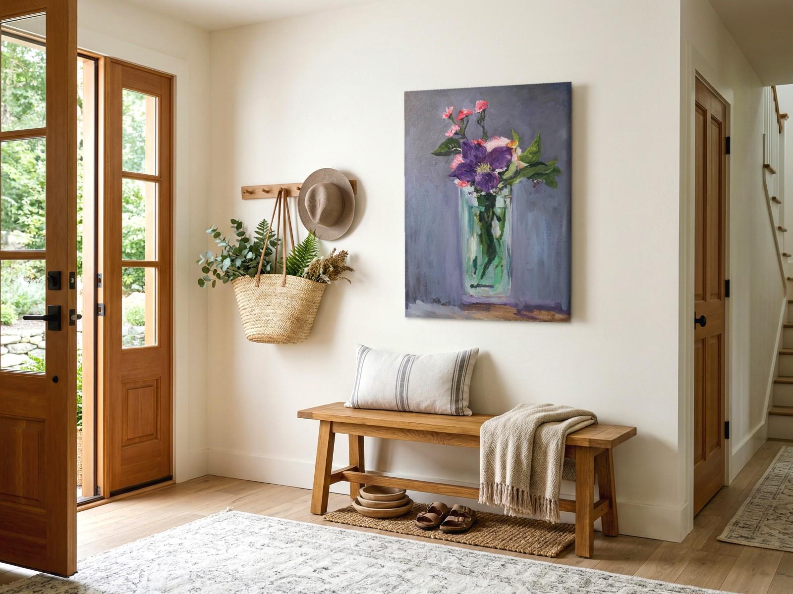 CAS042-1 Clematis en Anjers in Glazen Vaas, Bloemen & Stilleven schilderij aan de muur in interieur