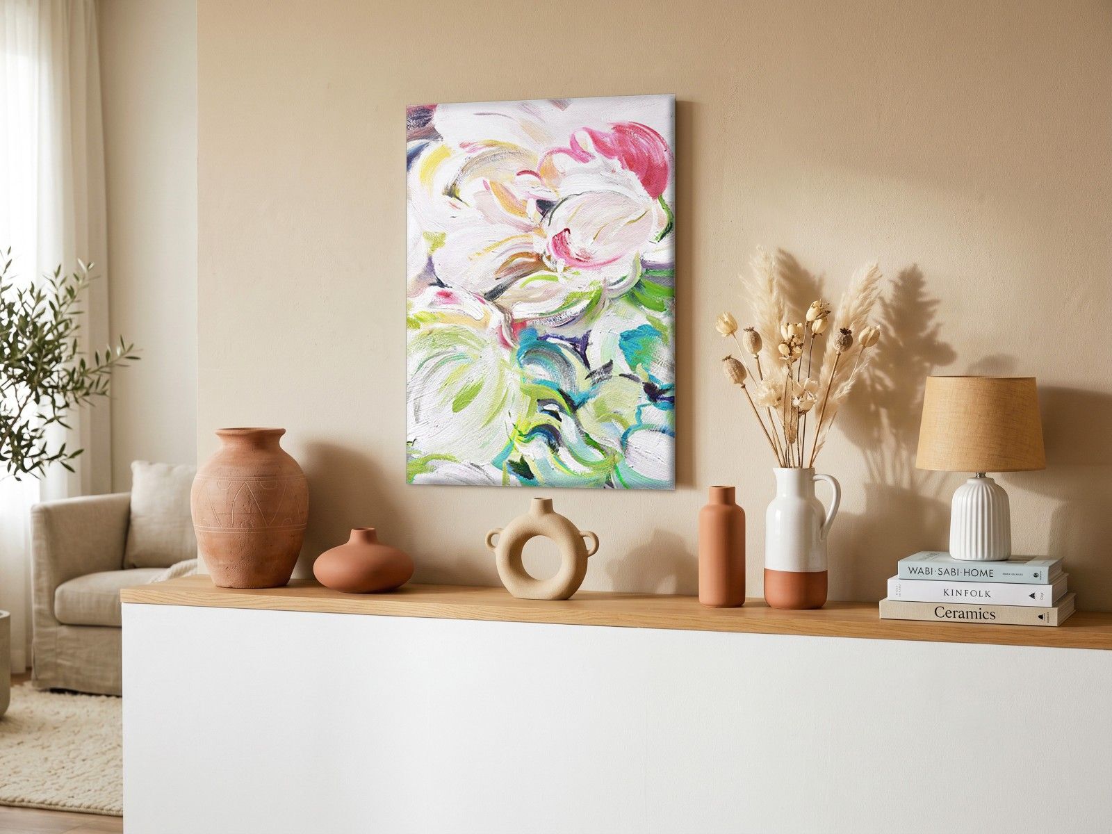 CAS052-1 Wervelende Bloesem in Roze en Groen, Bloemen & Stilleven schilderij aan de muur in interieur