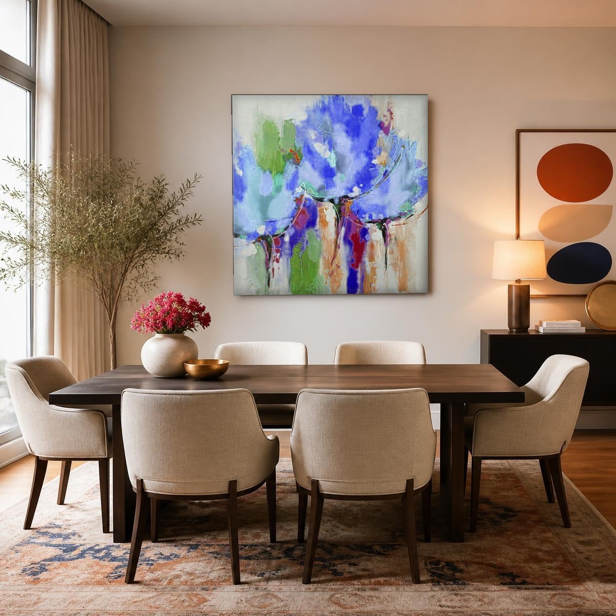 CAS056-1 Blauwe Bloesem in Beweging, Bloemen & Stilleven schilderij aan de muur in interieur
