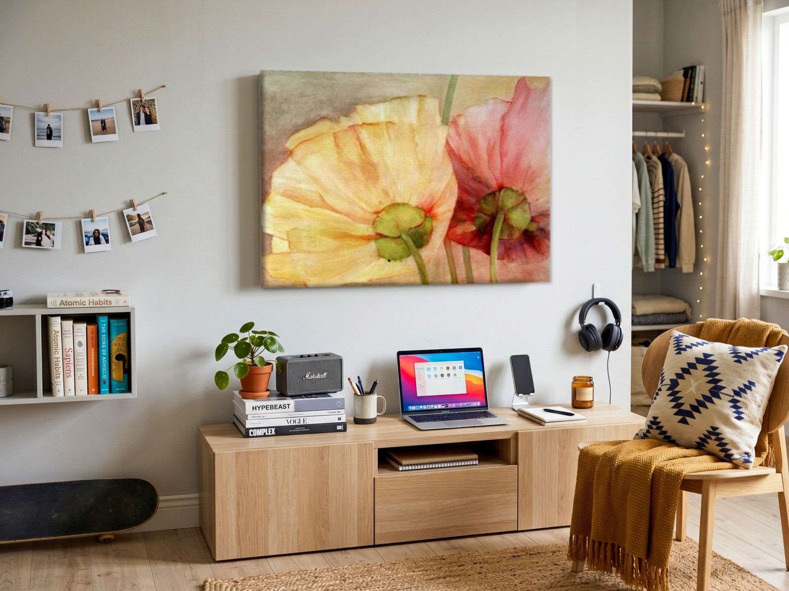 CAS076-1 Klaprozen in geel en roze, Bloemen & Stilleven schilderij aan de muur in interieur