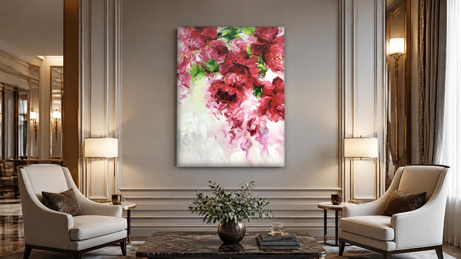 CAS089-1 Rode Pioenen in Bloei, Bloemen & Stilleven schilderij aan de muur in interieur
