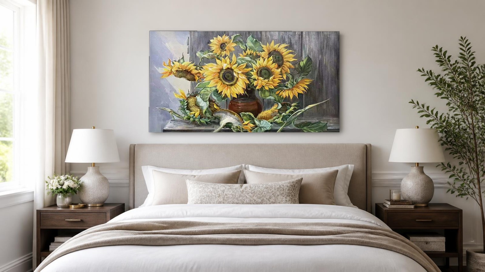 CAS100-1 Zonnebloemen in Aardewerken Kruik, Bloemen & Stilleven schilderij aan de muur in interieur