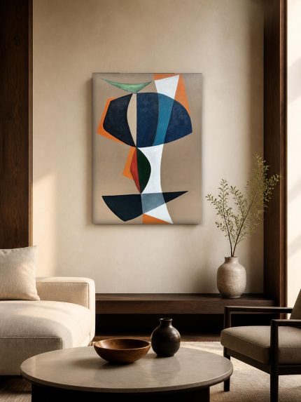 Gestapelde Vormen in Oker, Abstract & Modern schilderij aan de muur in interieur