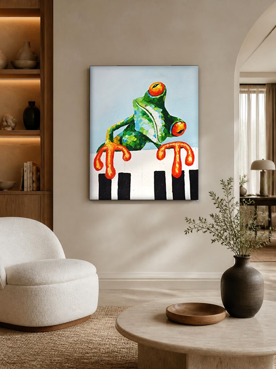CAS1038-1 Kikker op de Pianotoetsen, Dieren schilderij aan de muur in interieur