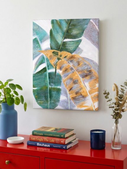 Tropische Bladeren in Groen en Goud, Bloemen & Stilleven schilderij aan de muur in interieur