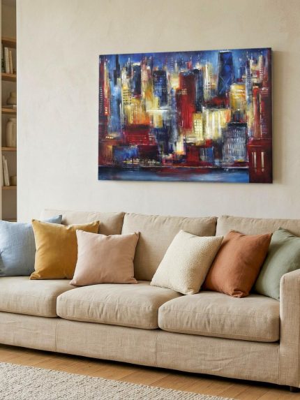 New York bij Nacht, Steden & Skylines schilderij aan de muur in interieur