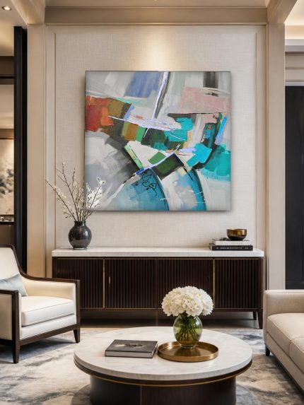 Kleurenspel in Turquoise, Abstract & Modern schilderij aan de muur in interieur