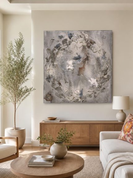 Verweerd Oppervlak in Grijstinten, Abstract & Modern schilderij aan de muur in interieur