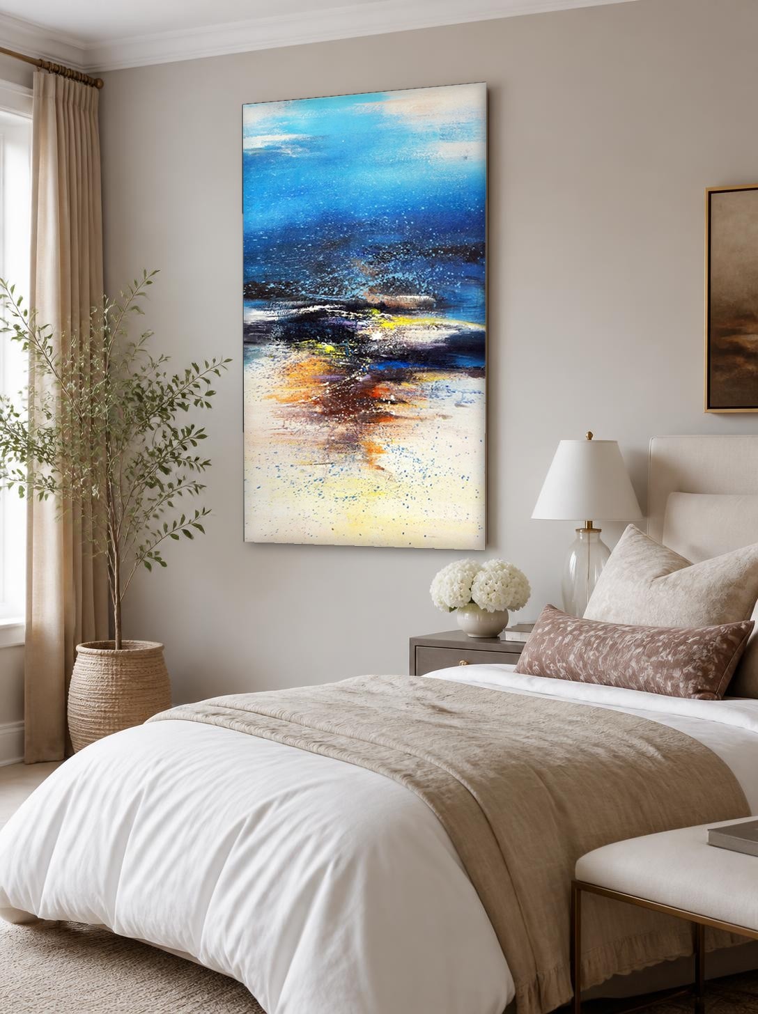 CAS1064-1 Blauwe Diepte met Gouden Gloed, Abstract & Modern schilderij aan de muur in interieur