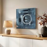 Witte cirkel op grijsblauw, Abstract & Modern schilderij aan de muur in interieur