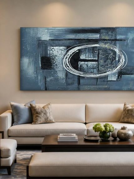 Blauwe Cirkelbeweging, Abstract & Modern schilderij aan de muur in interieur