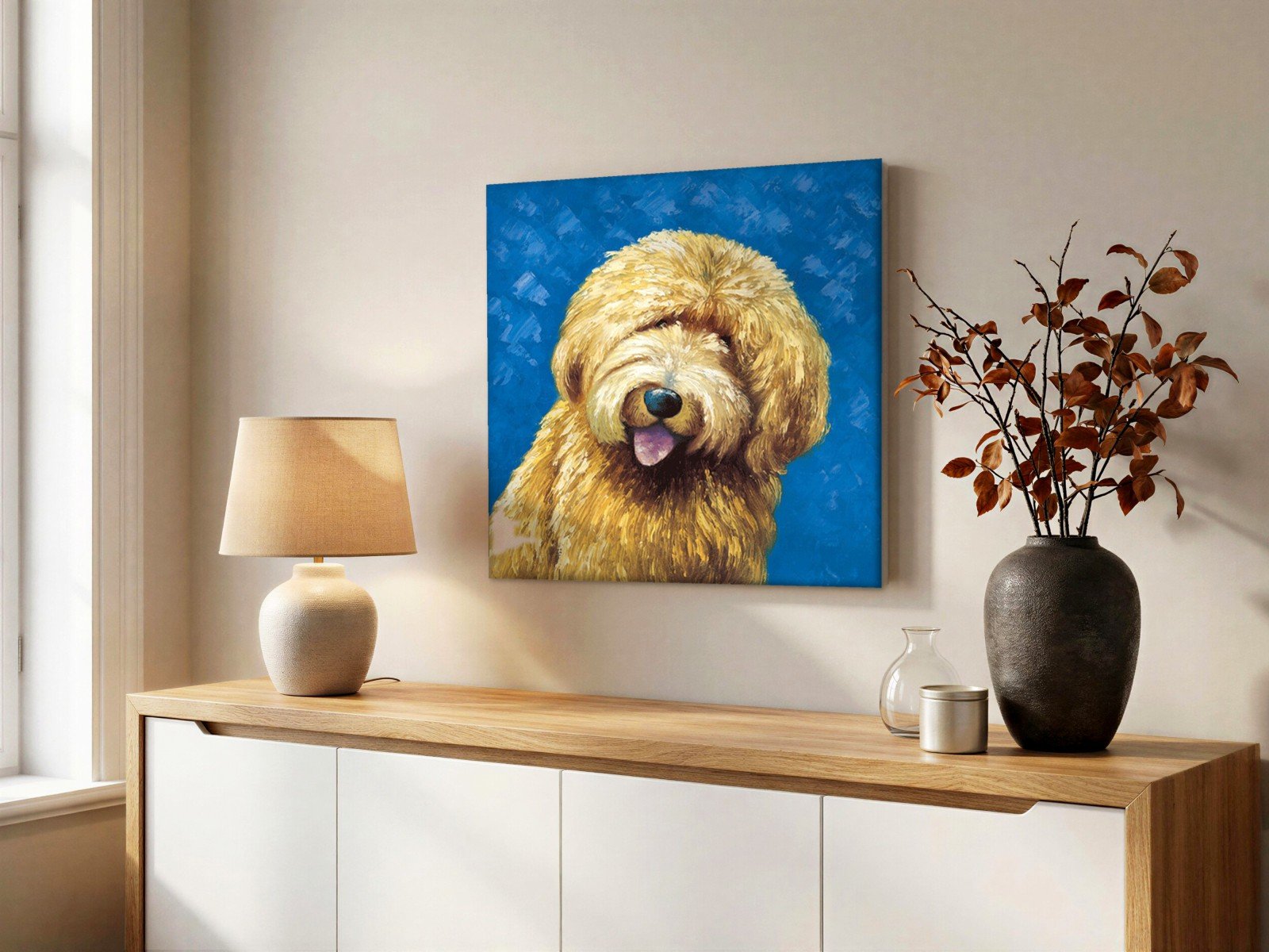 CAS1079-1 Vrolijke Goudharige Hond, Dieren schilderij aan de muur in interieur