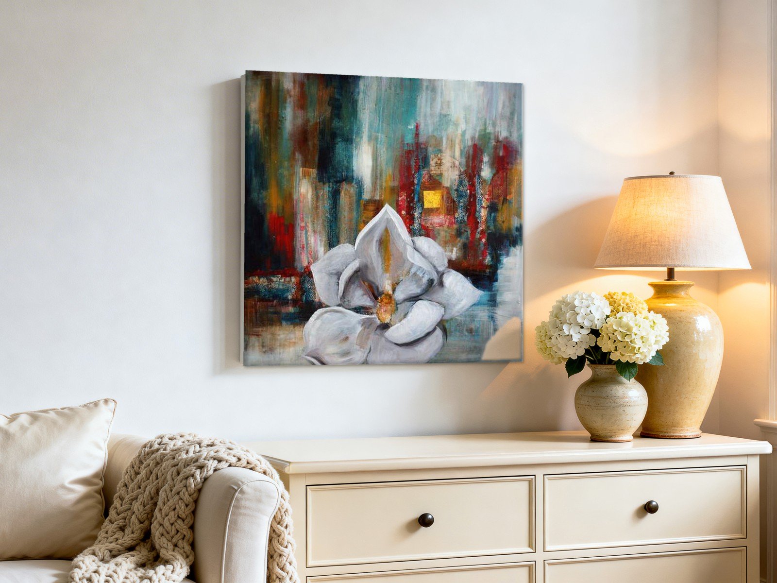 CAS1090-1 Magnolia in abstracte compositie, Bloemen & Stilleven schilderij aan de muur in interieur