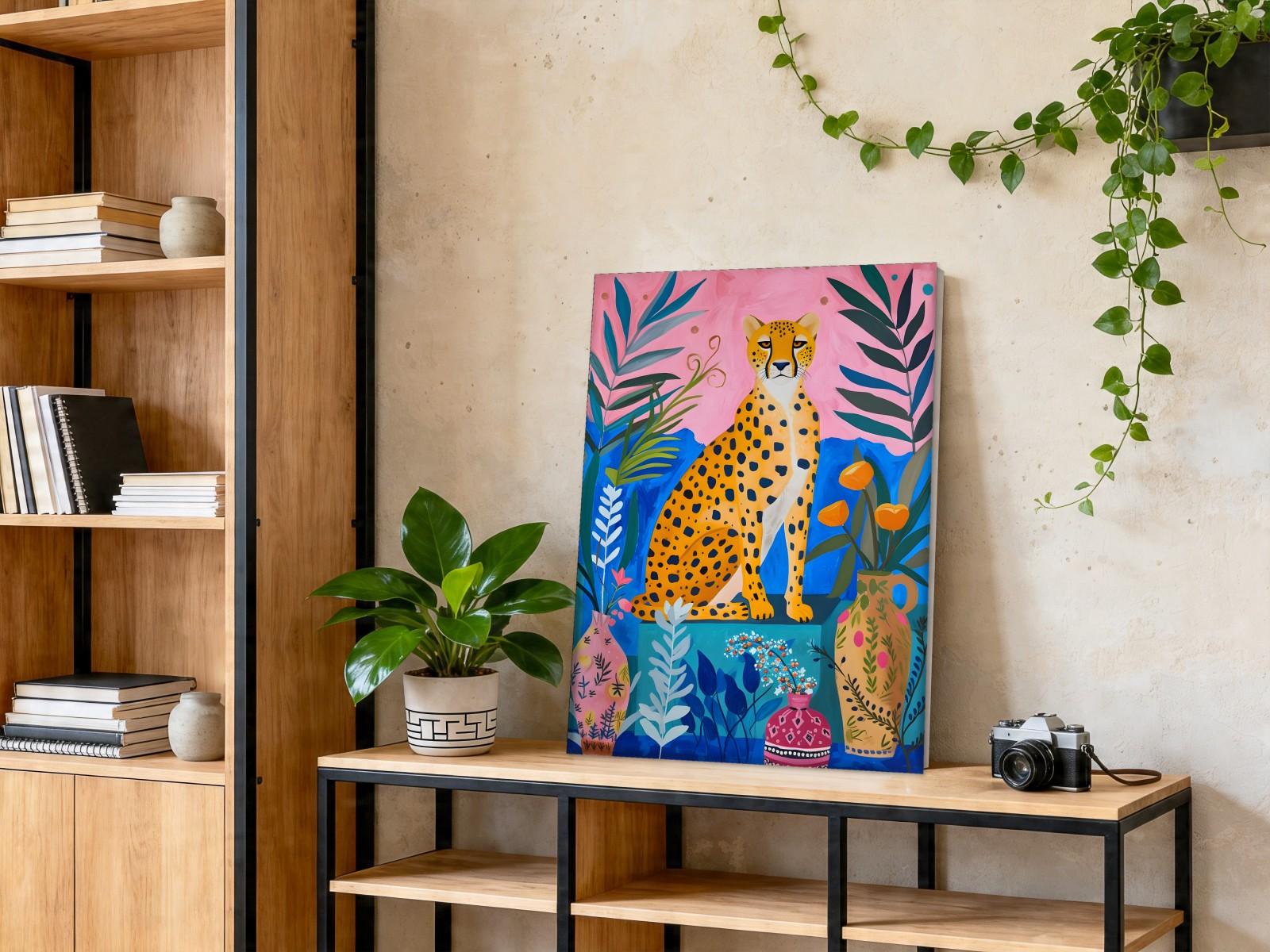 CAS1121-1 Jachtluipaard in kleurrijk tuinparadijs, Dieren schilderij aan de muur in interieur