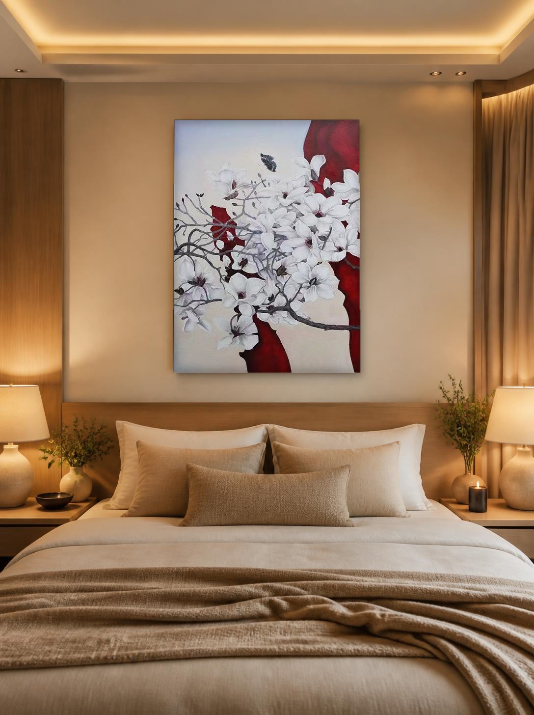 CAS113-1 Magnolia in bloei met vlinder, Bloemen & Stilleven schilderij aan de muur in interieur