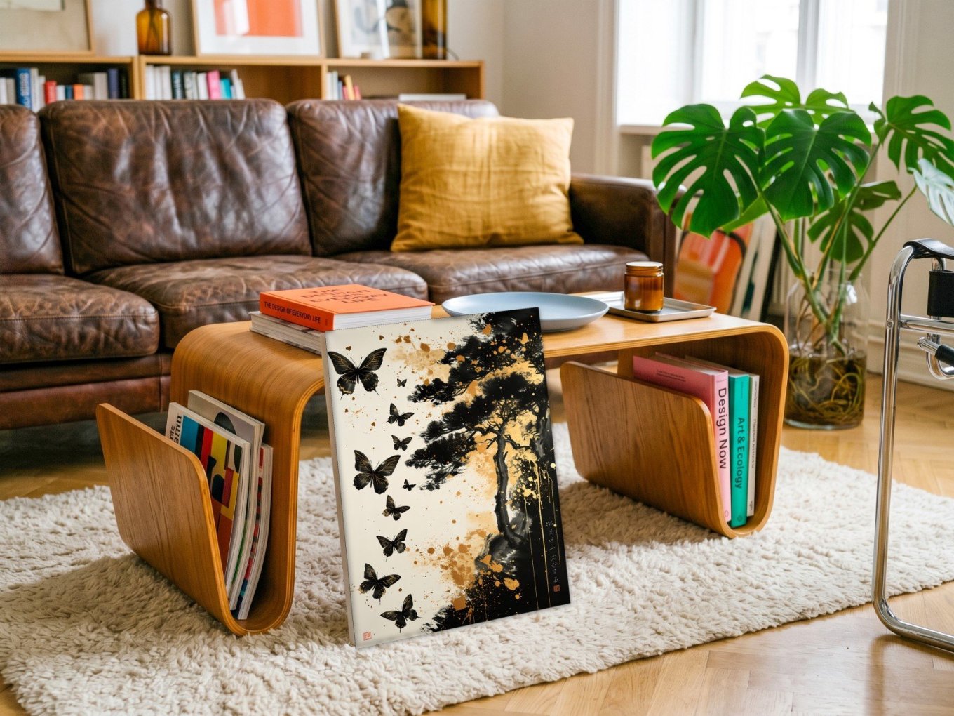CAS1130-1 Vlinderzwerm bij Gouden Pijnboom, Dieren schilderij aan de muur in interieur