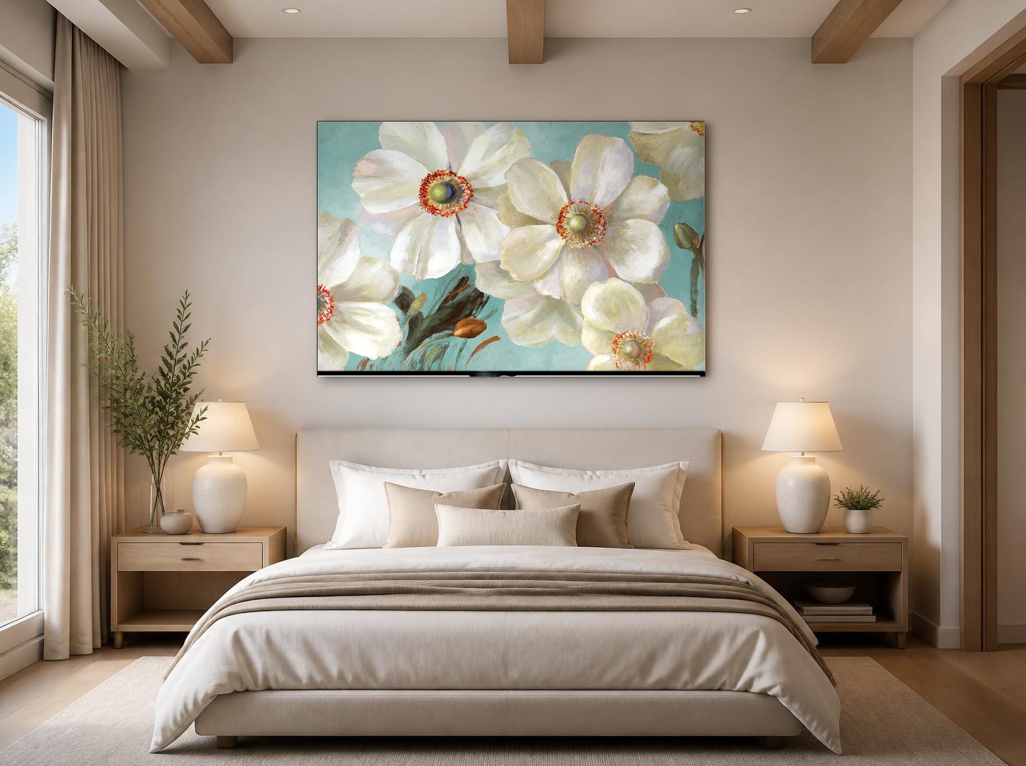 CAS114-1 Witte Anemonen in Bloei, Bloemen & Stilleven schilderij aan de muur in interieur