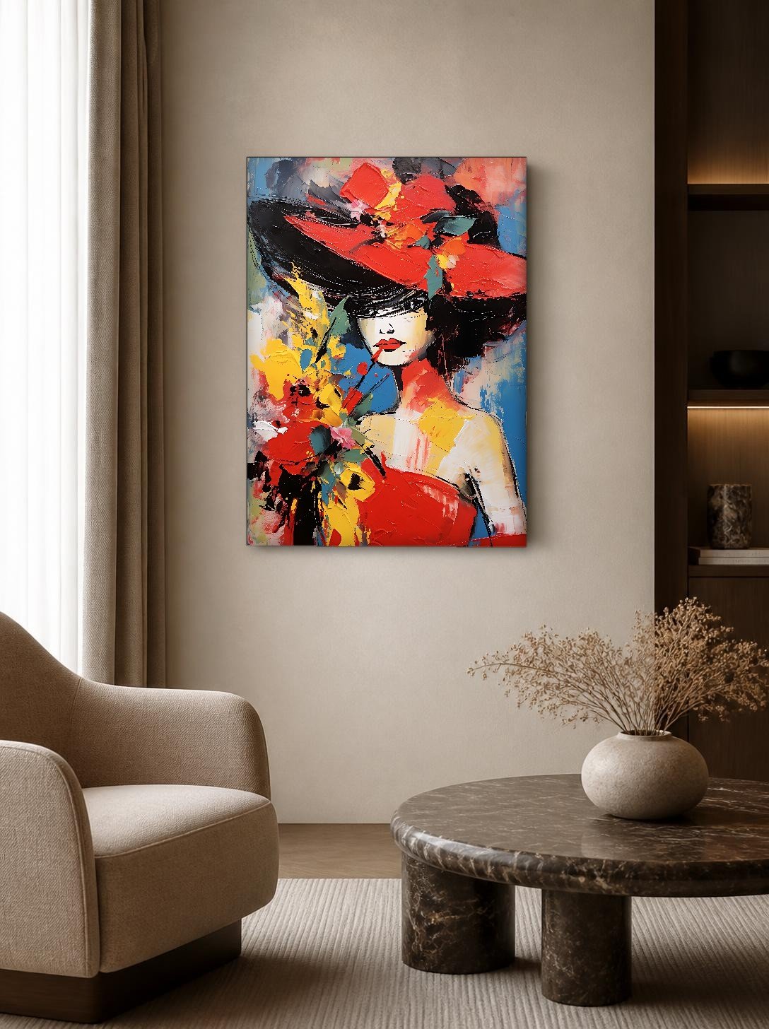 CAS1146-1 Dame met Rode Hoed, Mensen & Portretten schilderij aan de muur in interieur