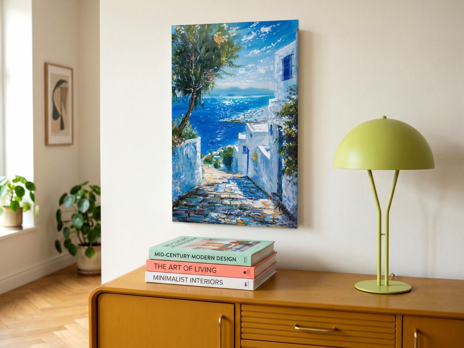 CAS1150-1 Zonnig Steegje op Mykonos, Natuur & Landschap schilderij aan de muur in interieur