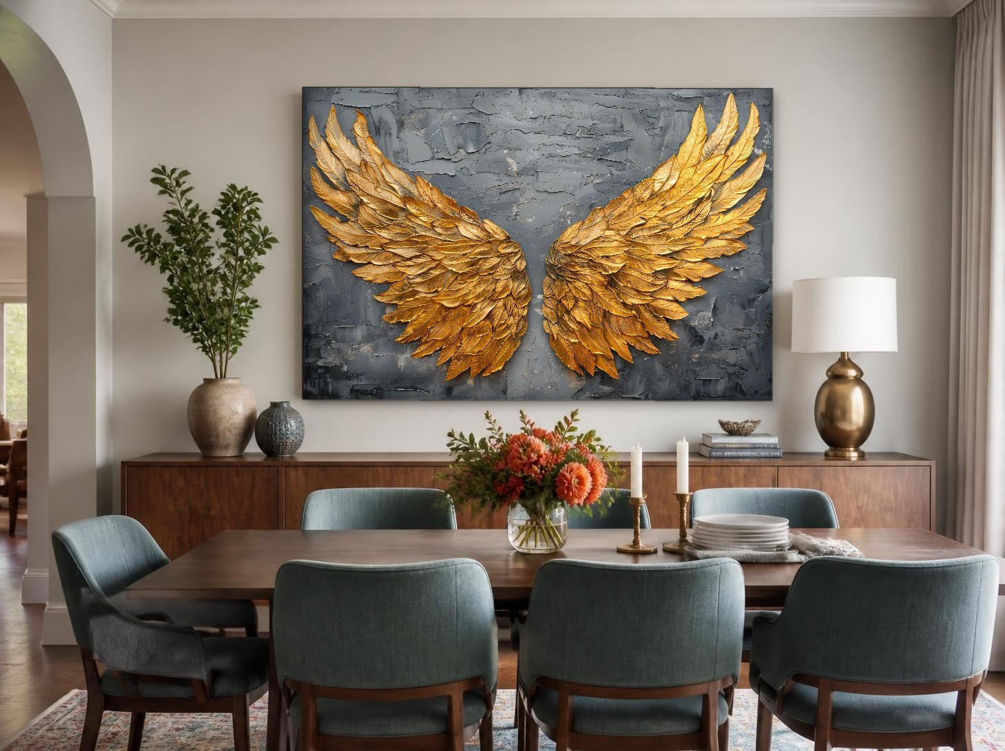 CAS1151-1 Gouden Vleugels in Reliëf, Dieren schilderij aan de muur in interieur