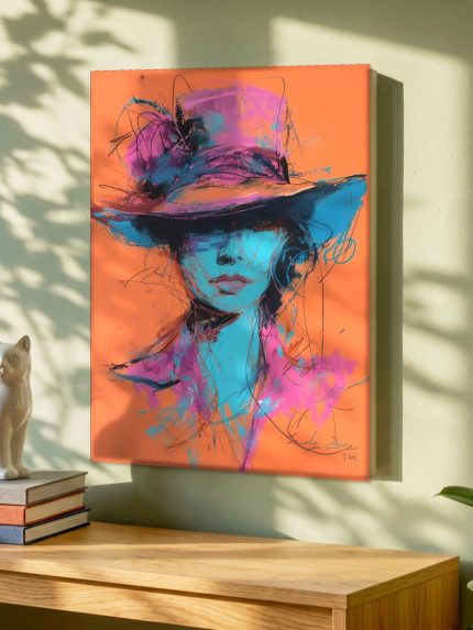 Vrouw met Hoed in Vurige Kleuren, Mensen & Portretten schilderij aan de muur in interieur