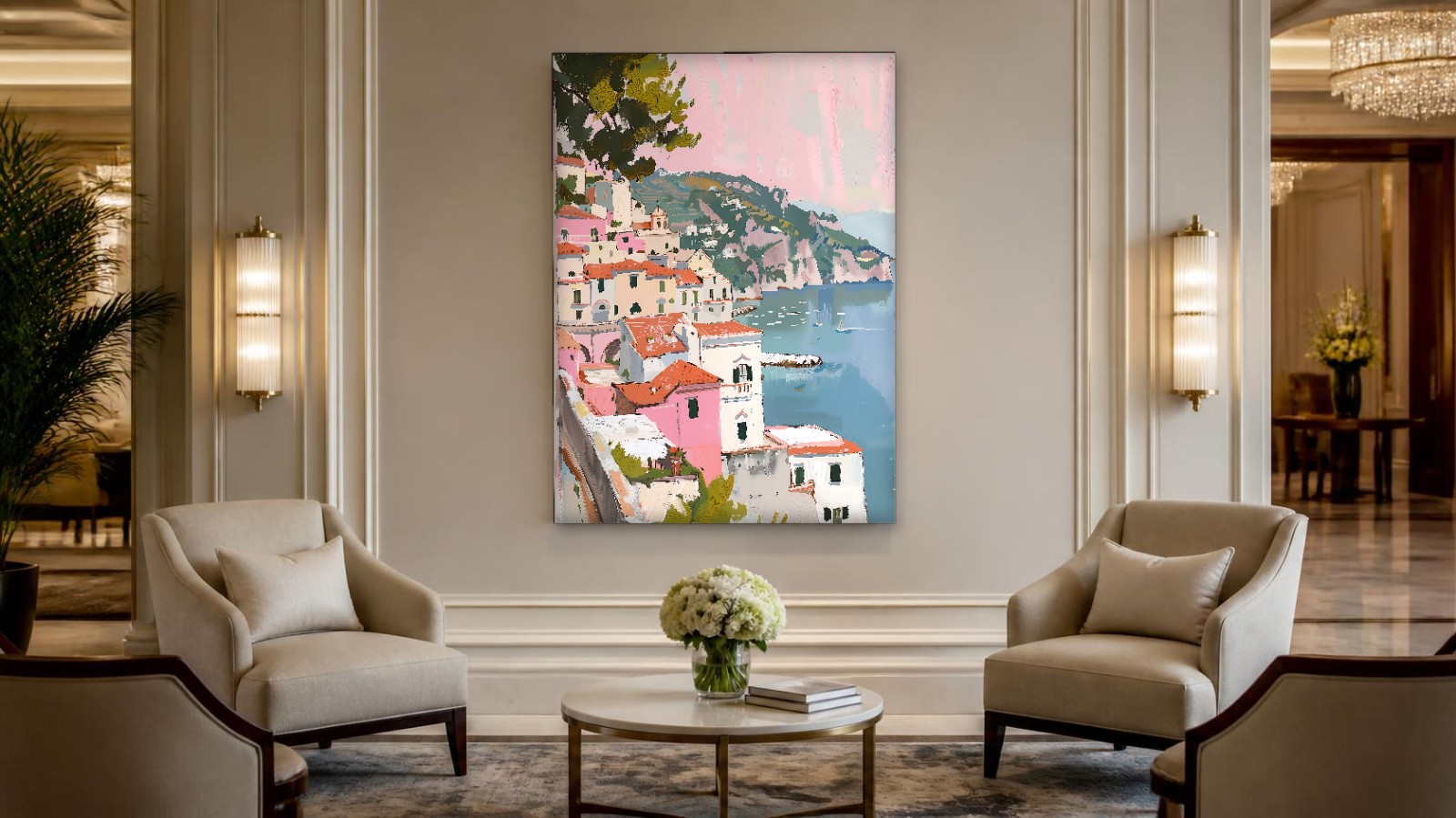 CAS1176-1 Pastelkleurig Kustdorp aan Zee, Natuur & Landschap schilderij aan de muur in interieur