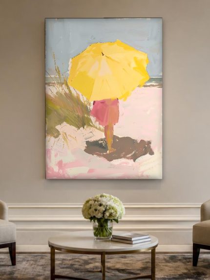 Gele Parasol aan Zee, Natuur & Landschap schilderij aan de muur in interieur