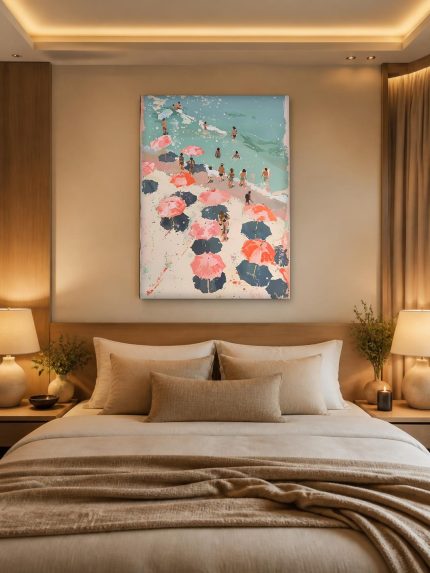 Parasols op het Strand, Natuur & Landschap schilderij aan de muur in interieur