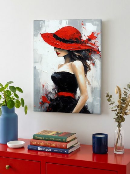 Dame met Rode Hoed, Mensen & Portretten schilderij aan de muur in interieur