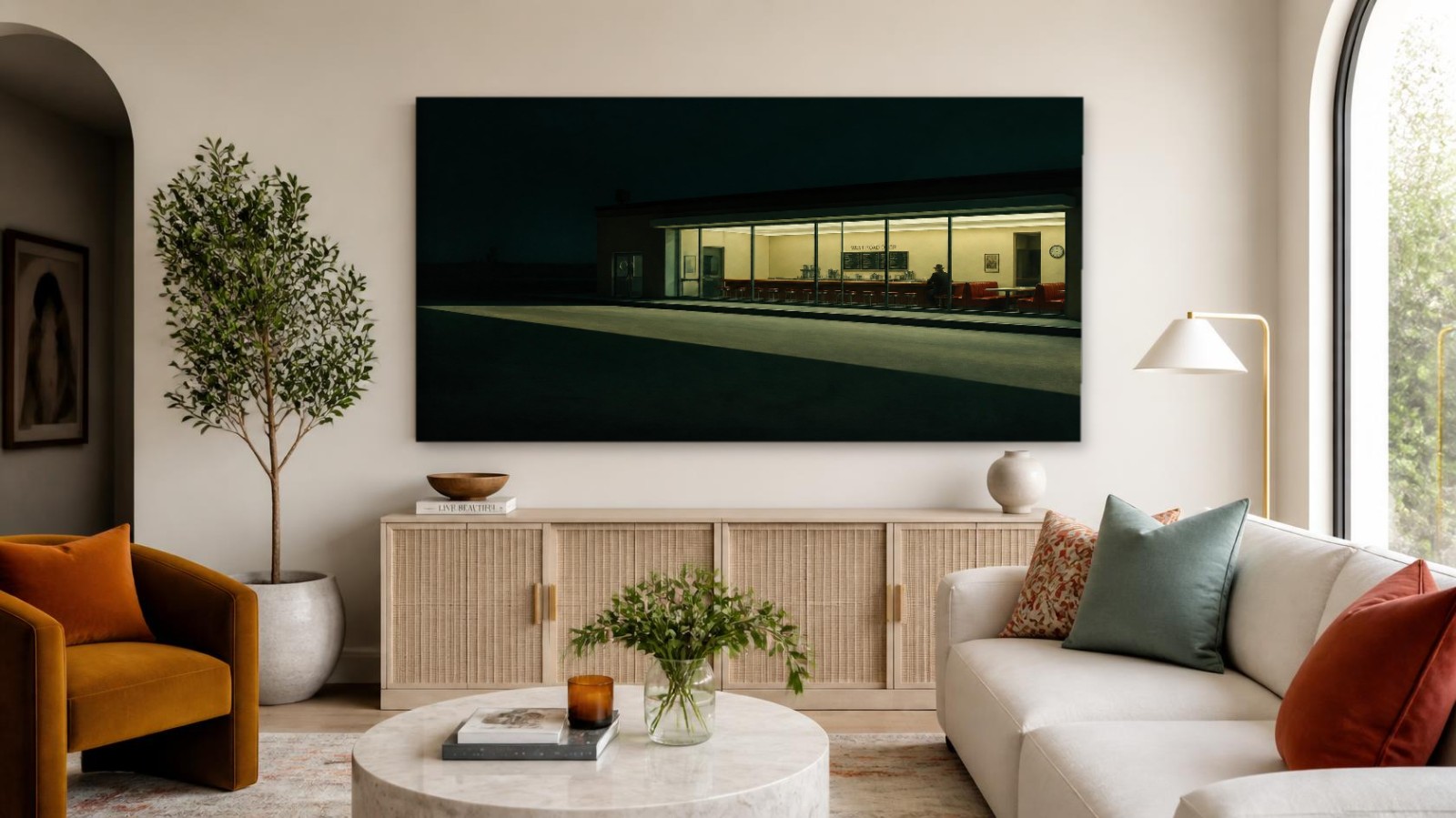 CAS1199-1 Verlicht diner in de stille nacht, Steden & Skylines schilderij aan de muur in interieur