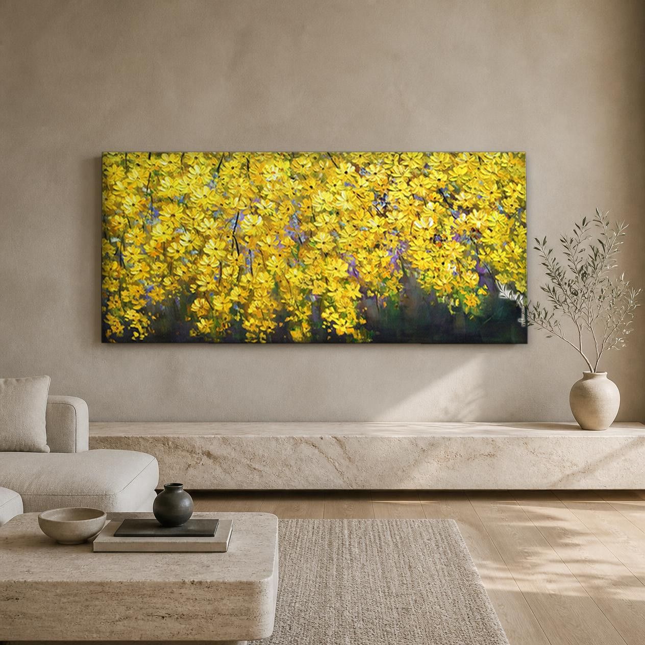 CAS120-1 Goudgele Bloesemtak, Bloemen & Stilleven schilderij aan de muur in interieur