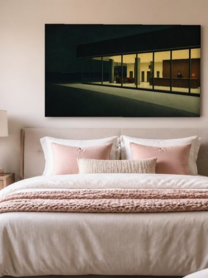 Verlichte Hotellobby bij Nacht, Steden & Skylines schilderij aan de muur in interieur