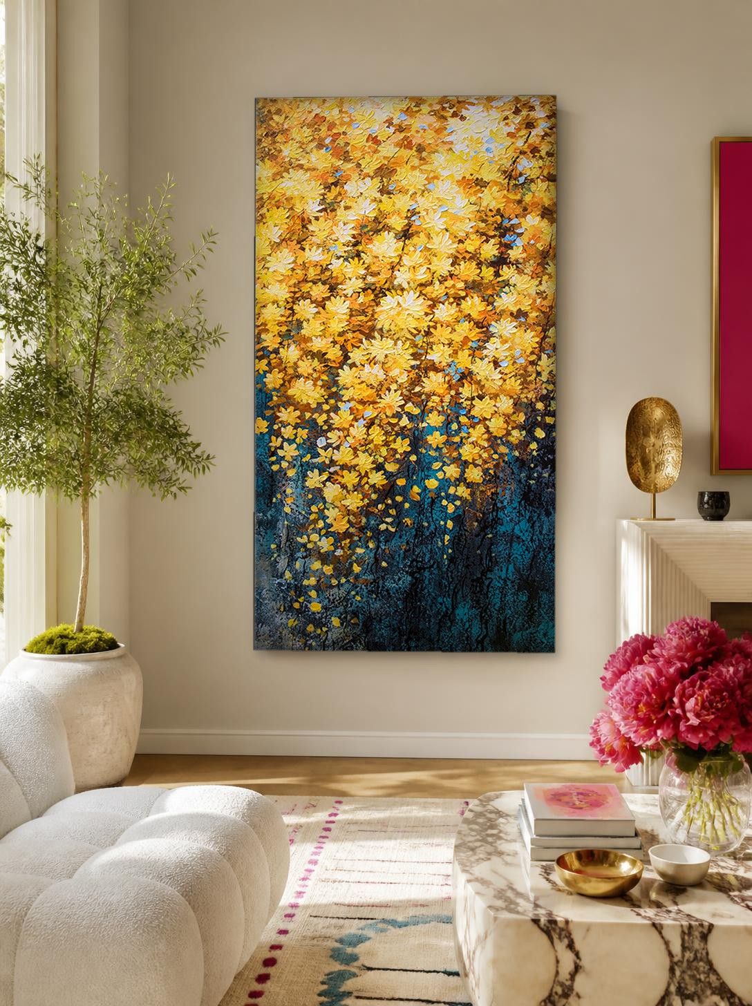 CAS121-1 Gouden Bloesem, Bloemen & Stilleven schilderij aan de muur in interieur