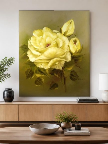 Gele Roos in Bloei, Bloemen & Stilleven schilderij aan de muur in interieur