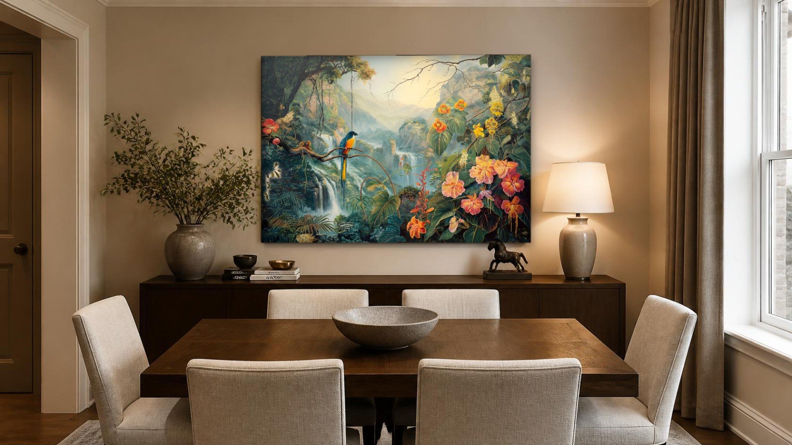 CAS1230-1 Tropische vogel bij watervallen, Dieren schilderij aan de muur in interieur