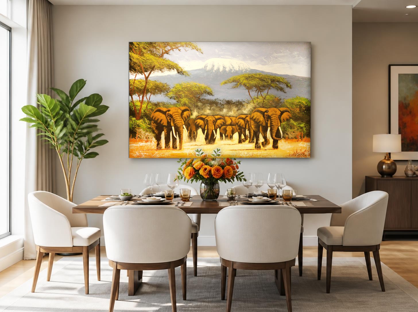 CAS127-1 Olifantenkudde bij de Kilimanjaro, Dieren schilderij aan de muur in interieur