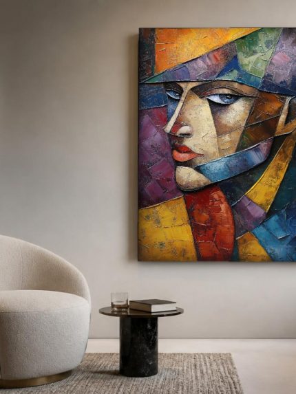 Kubistische Vrouw met Hoed, Mensen & Portretten schilderij aan de muur in interieur