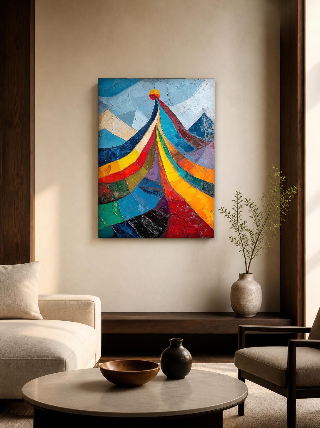 CAS1282-1 Zonnestralen over kleurrijke bergen, Abstract & Modern schilderij aan de muur in interieur